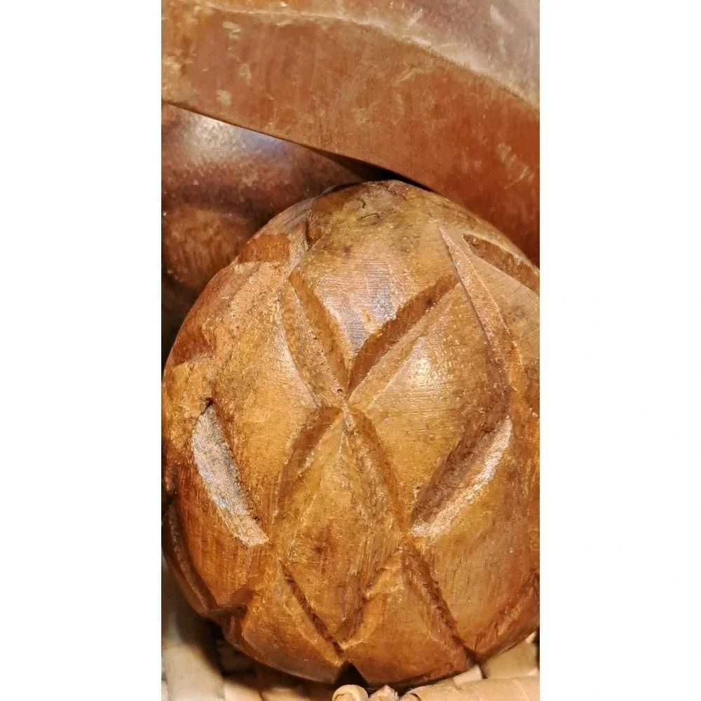 Vintage Hand Carved‎ Wooden Fruit Set with Woven Wicker Basket Centerpiece Decor
